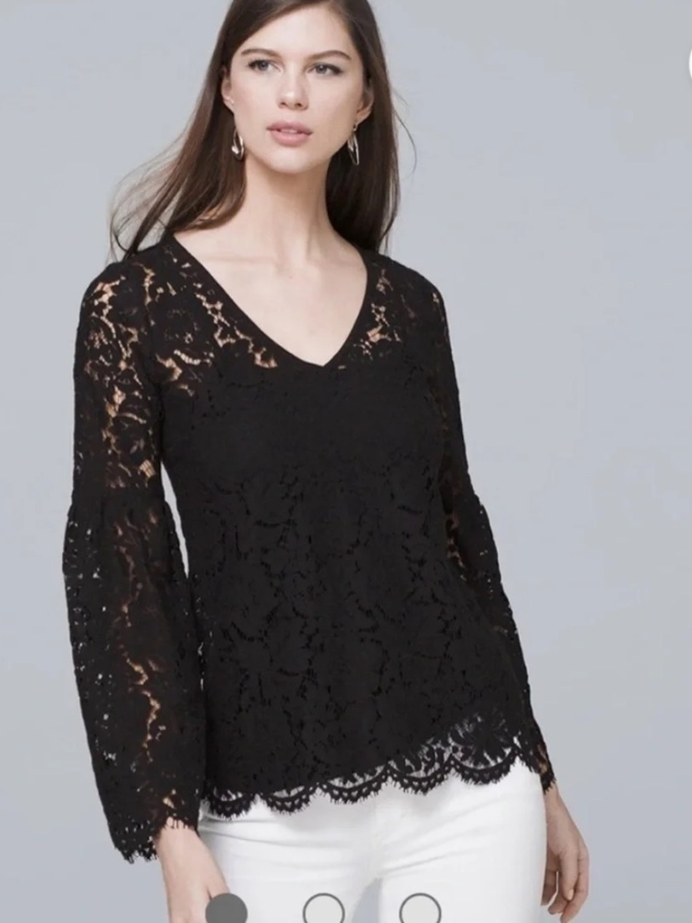 White House Black Market Black Floral Lace V-Neck Top
